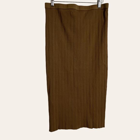 Enza Costa Brown Rib Knit Snap Button Down Midi Skirt Size Large New - Picture 4 of 7